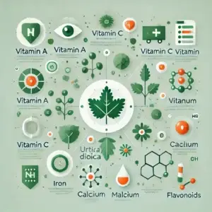 Infographic met de belangrijkste voedingsstoffen en actieve stoffen van brandnetel, zoals vitamines, mineralen en flavonoïden