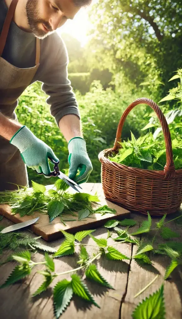 Tuinier met handschoenen die verse brandnetelstengels afknipt, met een mand vol net geoogste brandnetel