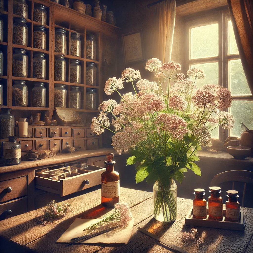 "An artistic depiction of the traditional and historical use of Valerian (Valeriana officinalis), featuring an old herbalist's workspace with wooden shelves filled with dried herbs and bottles, soft sunlight streaming through a rustic window, and a bouquet of Valerian flowers with their distinct white-pink blossoms placed on a wooden table. The scene is warm, inviting, and rich with historical detail, emphasizing the natural and calming properties of the plant. The setting should feel like an old apothecary from the European countryside."