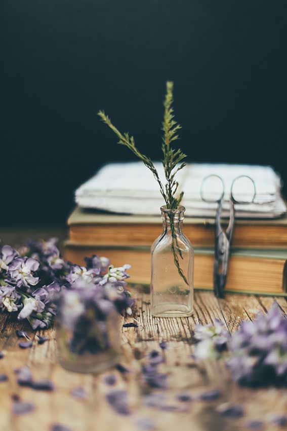 Lavendelbloemen bij een boek en een schaar